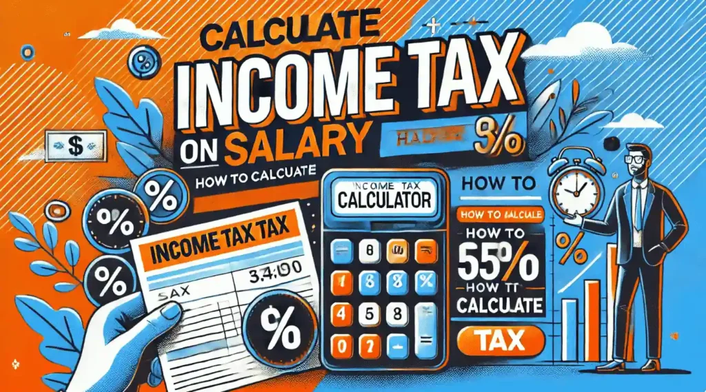 Thumbnail for a video titled 'Calculate Income Tax on Salary,' featuring bold, high-contrast text and visuals. The design includes a calculator, paycheck graphics, and tax symbols like percentage signs. The background uses vibrant colors, including bold blue and orange, creating a clean and dynamic layout focused on tax calculation for salaries.